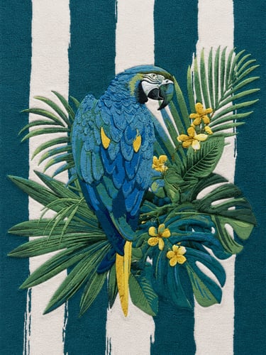 Embroidered blue and gold macaw parrot on tropical monstera leaves with yellow flowers and white stripes.