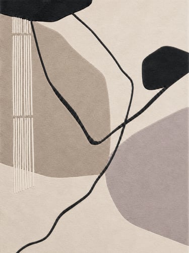 Modern abstract area rug with beige, grey, and black organic shapes and minimalist linework.