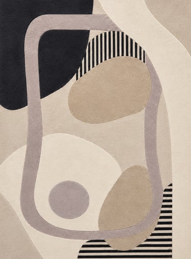 Modern abstract area rug featuring neutral beige, grey, and black geometric shapes and stripes.