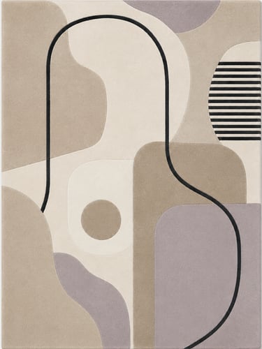 Modern abstract area rug with neutral beige, grey, and mauve organic shapes and a black line design.