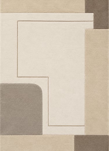 Modern geometric area rug featuring an abstract minimalist design in neutral beige, cream, and taupe tones.