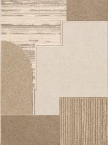 Modern textured area rug featuring a beige geometric pattern with abstract 3D carved shapes and lines.