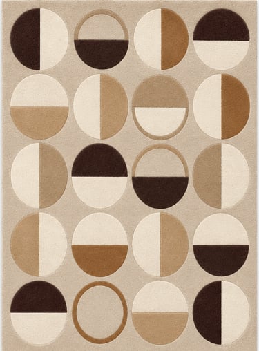 Modern geometric area rug featuring a pattern of circles in neutral beige, tan, and chocolate brown tones.