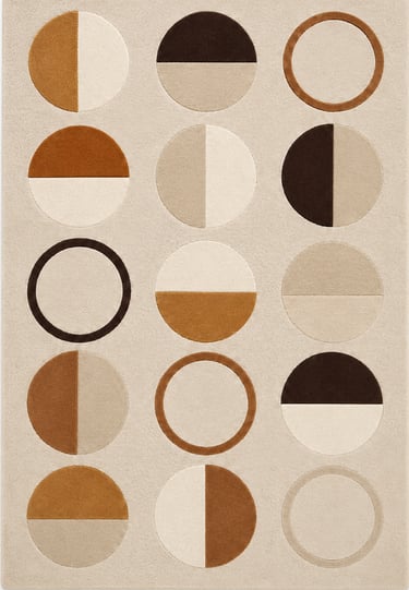 Modern geometric area rug featuring a minimalist pattern of circles in earth tones like terracotta and beige.