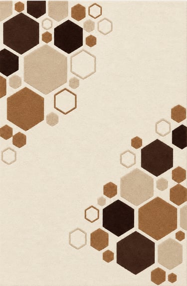 Modern area rug featuring a geometric hexagon pattern in earthy brown and beige tones.
