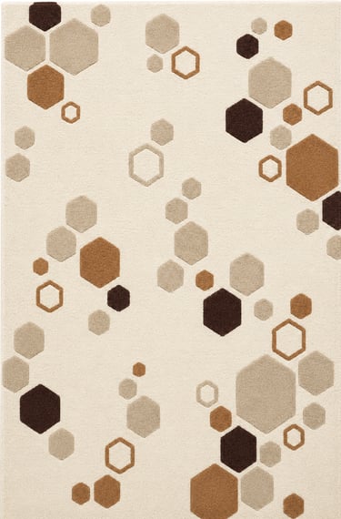Modern area rug featuring a geometric hexagon pattern in beige, brown, and tan earth tones.