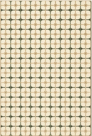Modern geometric area rug featuring a symmetrical grid pattern in cream, sage green, and tan earth tones.