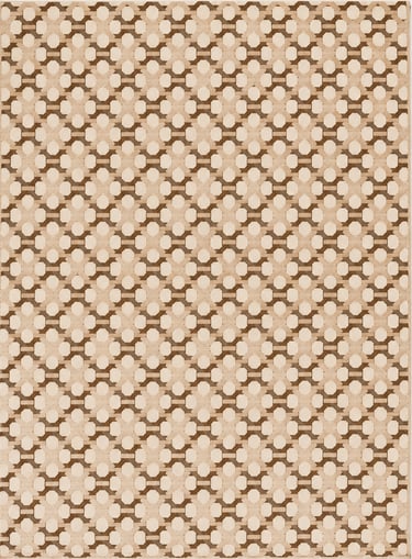 Geometric patterned area rug with a brown and beige woven trellis design for modern home decor.