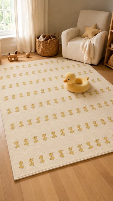 Cream nursery rug with yellow duckling pattern featuring a duck plush toy in a cozy child's bedroom.