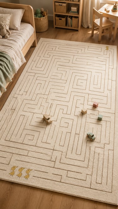 Cream rectangular kids' maze rug with wooden toy cars and blocks in a neutral modern nursery.