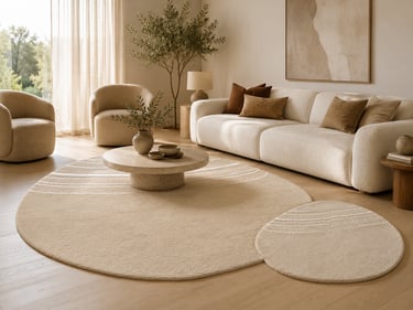 Modern minimalist living room with a large round beige area rug, white sofa, and neutral decor.