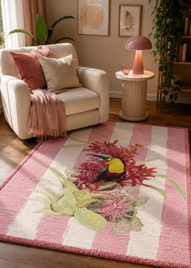 Pink striped area rug with a toucan and floral pattern in a cozy living room with a cream armchair.