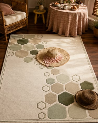A cream area rug with a green and beige geometric hexagon pattern sits on a dark wood floor.