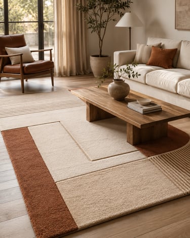 Modern living room featuring a geometric textured rug with neutral tones and terracotta accents.