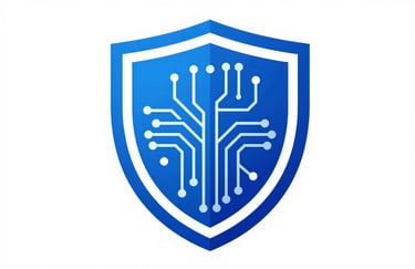 A professional icon-style image of a shield made of digital circuits, representing enterprise security and trust, rendered in #1F4287 and #4A6FA5 on a clean white background.