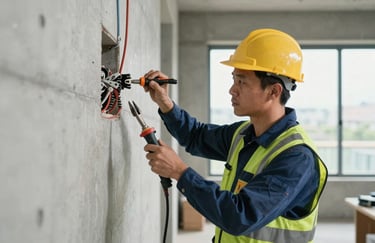 An action shot of a professional worker in safety gear performing electrical installation in a modern concrete building, focus on the hands and tools, clean and organized workspace.