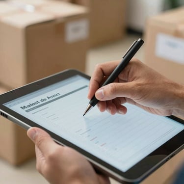 A detailed shot of a hand in a professional setting marking a digital checklist on a tablet, symbolizing the efficient tracking of a malote delivery. The lighting is professional and the colors include tan and light blue.
