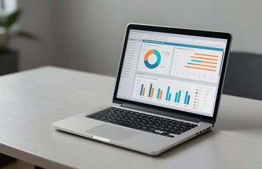 A professional photograph of a laptop displaying data charts with orange and cyan accents on a light gray desk in a South American business setting. Minimalist and organized.