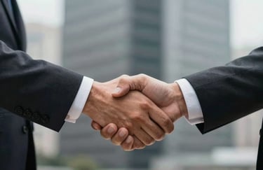 A close-up of a professional handshake between two individuals in business attire in a South American city office. The background is a soft-focus gray office wall. High contrast, sharp detail.