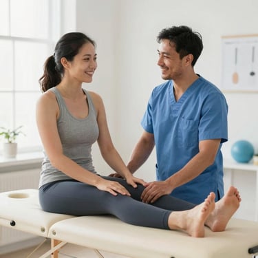A physiotherapist guiding a client through gentle stretching exercises in a modern clinic.