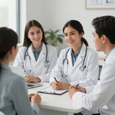 A friendly nutritionist consulting with a patient in a bright, welcoming office.