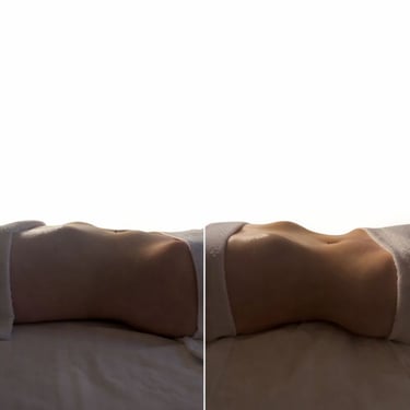 Side-by-side comparison of a female abdomen showing stomach vacuum exercise results for core toning.