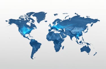 A stylized digital world map showing glowing blue lines (#8BAAC7) connecting global aviation hubs, representing our international logistics reach and presence.