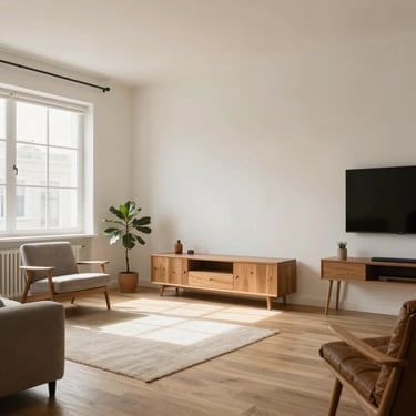 Modern custom-made wooden furniture in a stylish living room setting.