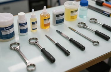 Detailed shot of professional auto glass repair tools and high-quality resin kits arranged neatly on a pale mist white surface, reflecting the high standards of a North American / US business.