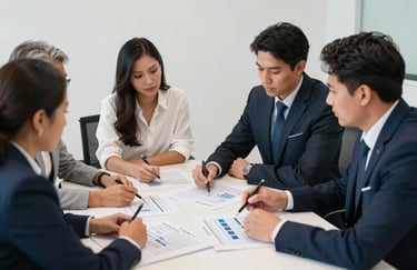 A team of South American professionals in a meeting room collaborating over communication charts, soft white and navy blue palette.