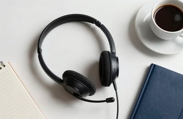 A top-down view of a modern desk with a professional headset, a notebook, and a coffee cup, clean soft white background, navy blue details.