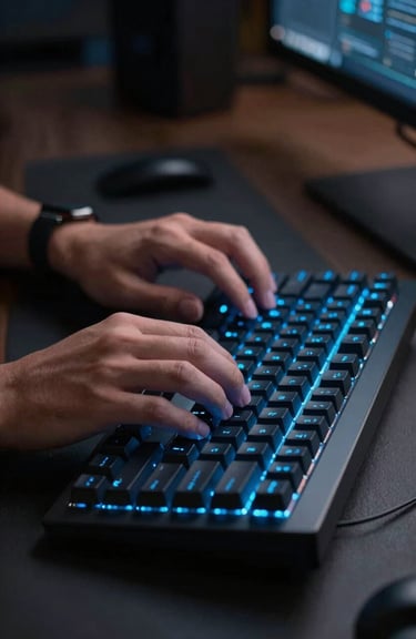 Hands of a developer typing on a mechanical keyboard with glowing neon blue backlight in a dark, professional workspace.