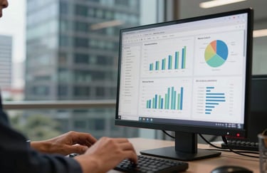 Close-up photography of a professional using a high-end computer showing marketing analytics in a modern glass office in Mexico City.