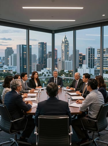 A professional meeting in a glass-walled conference room in Panama City overlooking the urban skyline at twilight.
