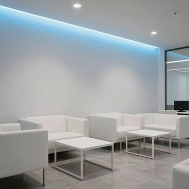 The interior of a minimalist tech agency lounge in Bogotá, featuring clean white furniture and soft blue neon lighting.