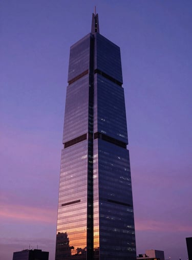 A sharp architectural shot of a modern skyscraper in Santiago de Chile reflecting a sunset sky with deep purple and blue hues.