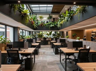 An open-plan startup office in Medellín with vertical indoor gardens and ultra-modern ergonomic workstations.