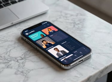 A smartphone resting on a marble desk in a luxury office in Lima, displaying a vibrant digital marketing dashboard.