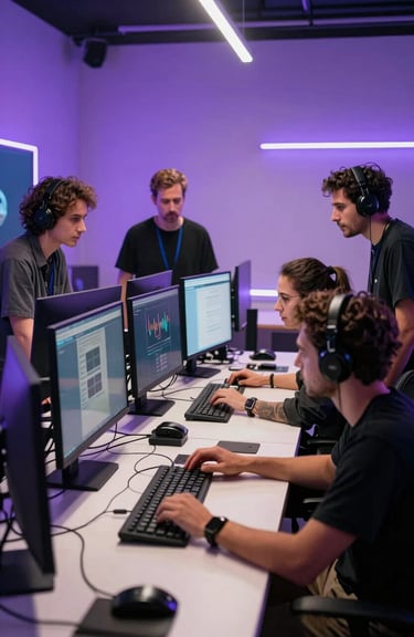 A team of diverse creative professionals collaborating in a high-tech studio in Buenos Aires, surrounded by neon purple ambient lighting and sleek monitors.