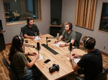 An overhead shot of a podcast recording session in a North American / US studio, featuring professional equipment and modern furniture.