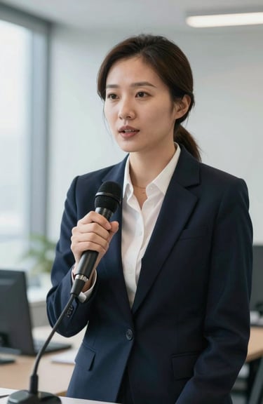 A focused business leader speaking into a broadcast microphone in a North American / US professional office, soft natural lighting, deep navy tones.