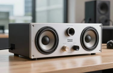 Close-up of premium audio recording gear on a polished desk, modern urban backdrop, clean and authoritative style.