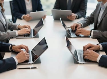A strategic meeting with tablets and notebooks on a minimalist table, North American / US corporate setting, professional and clean.