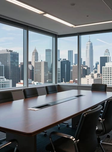 A bright conference room overlooking a metropolitan skyline, cool sky blue and steel blue lighting, highly credible atmosphere.