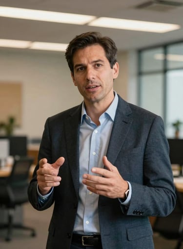 A professional leader gesturing during an insightful interview, North American / US office environment, warm and approachable lighting.