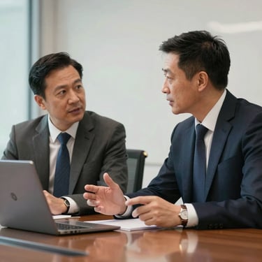 Two executives engaged in an insightful strategy discussion in a North American / US boardroom, inspiring and strategic mood.