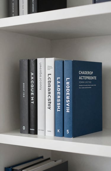 A minimalist bookshelf with leadership and business development books in a modern office, frost white and steel blue color palette.