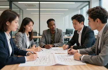 A group of diverse professionals in a collaborative meeting around a large table, looking at blueprints in a modern office.