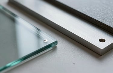 A detailed close-up of high-end architectural materials including glass, steel, and light silver blue metal samples arranged neatly.