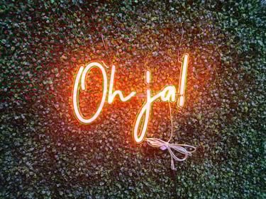 oranges LED Neon Schild Oh ja Schriftzug als dekoratives Neon Wandlicht auf grüner Pflanzenwand